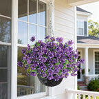 GLIDLION Artificial Flower & Eucalyptus with Hanging Basket - 2PCS Faux UV Sun Resistant Morning Glory in Planter, Fake Colorful Silk Flowers for Spring Summer Porch Patio Balcony Yard Decor (Purple)