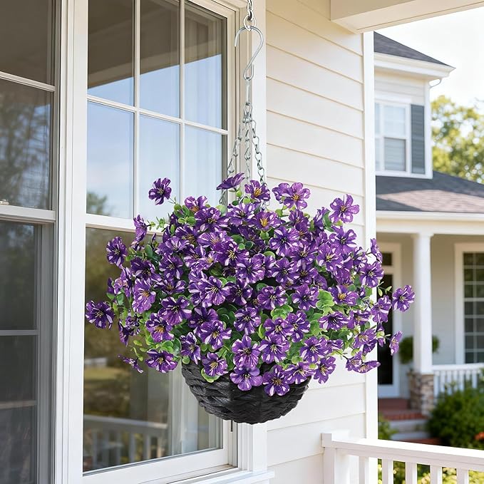 GLIDLION Artificial Flower & Eucalyptus with Hanging Basket - 2PCS Faux UV Sun Resistant Morning Glory in Planter, Fake Colorful Silk Flowers for Spring Summer Porch Patio Balcony Yard Decor (Purple)