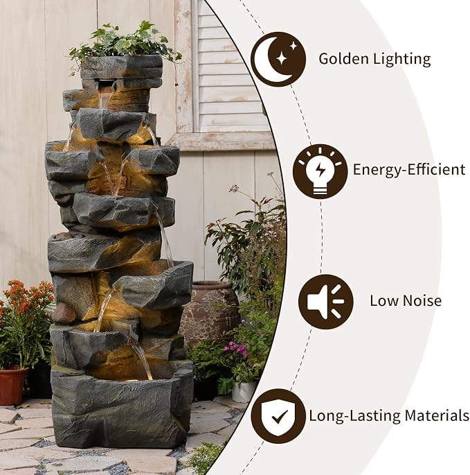 Sunlinua 58" H Outdoor Water Fountain with 7 Tiers New Upgraded Large Cascading Realistic Rock Waterfall Fountains with Lights Outdoor Water Fountain for Garden Patio Backyard Porch Home Decor