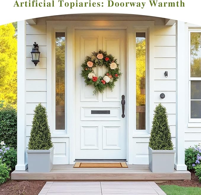 3ft Artificial Boxwood Topiary Trees (Set of 2) - UV Resistant Faux Plants Outdoor, Realistic 36in Fake Cone Bushes and Shrubs for Front Porch, Planter, Patio, Evergreen