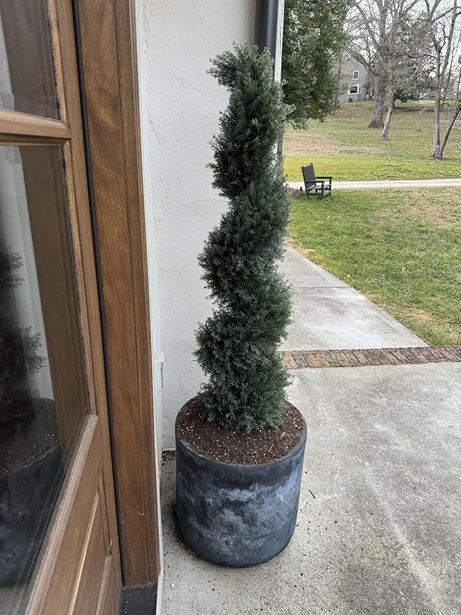 THE BLOOM TIMES 4ft Tall Spiral Artificial Topiary Trees Set of 2, 48 inch Large Faux Cedar Trees for Outdoor Planters, Fake Cypress Plants for Garden Front Porch Indoor Outside Christmas Decor 4 Foot