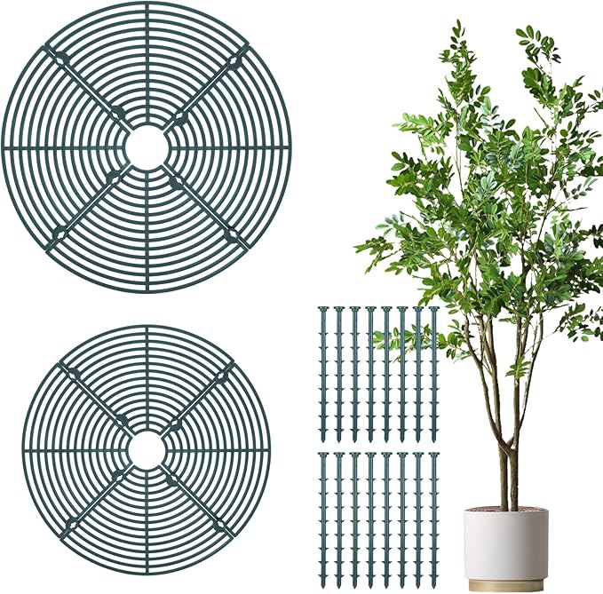Nogeqi 2pcs Plants Covers Soil,7.5/11.8 Inch Plant Pot Grid,Plastic Plant Covers from Animals with Ground Nails,Keep Dog and Cat Out of Potted Plants for Indoor (Large Small Dark Green)
