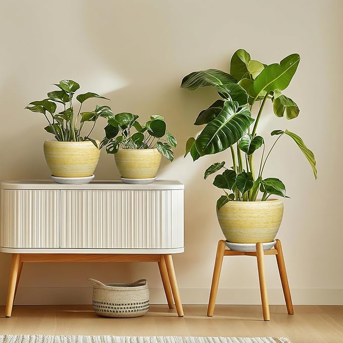Ceramic Plant Pots - 8 Inch Planter with Drainage Hole and Tray, Decorative Pots for Plants Indoor Outdoor, Round Modern Plant Pot, Apartment Decor, Gifts for Men Women, Textured Yellow