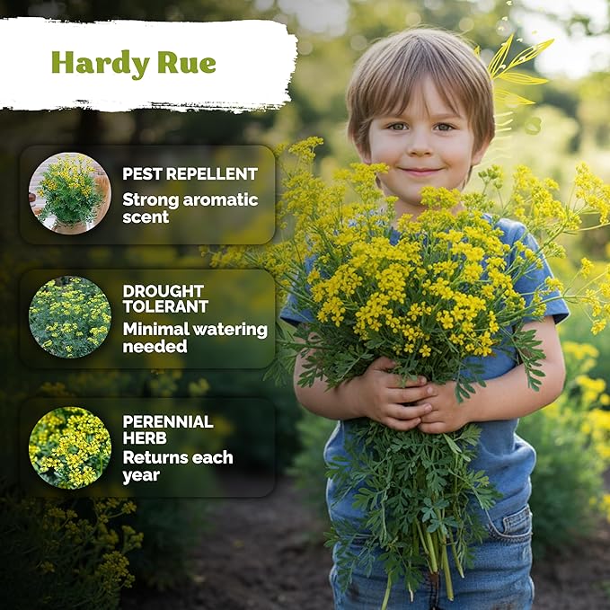 KVITER 500 Common Rue Seeds (Ruta Graveolens) - Rue Herb, Drought Tolerant, Perennial Heirloom Seed - Medicinal Herb Seeds in Seed Packets for Outdoor Garden, Garden Beds and Containerss