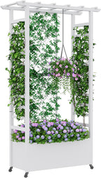 Raised Garden Bed with Trellis & Hanging Roof, Weatherproof Metal Planter Box with Wheels, Garden Arch Trellis for Outdoor Climbing Plants Vines Flowers, 74" H x 44" L x 17" W, White