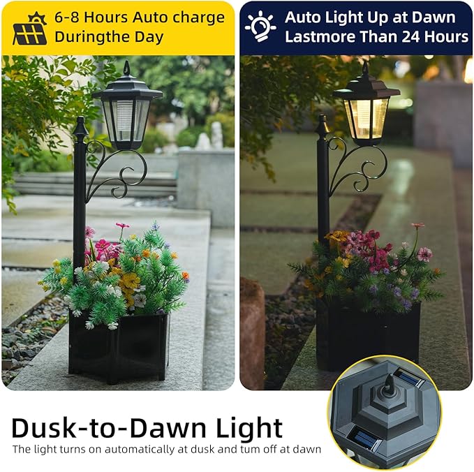 2 Pack Solar Floor Lamps with Planter (2-in-1 Design), 29.5" Outdoor LED Garden Lights - IP44 Waterproof, Warm White Auto-On at Dusk, Easy Install for Lawn, Patio, Porch, Yard & Pathway Decor