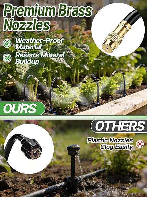 49ft Drip Irrigation System - Includes 15pcs 360° Adjustable Sprayers, 5/16" PE Tubing, 1/2" & 3/4" Faucet Adapters, Automatic Garden Watering Sprinkler System Kit for Raised Bed Plants Lawn