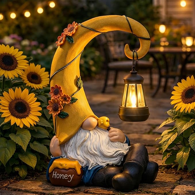Lavezee Garden Gnomes Outdoor, Spring Gnome Statue with Solar Lantern for Yard, Patio, Lawn Graden Decor, Funny Gnome Gifts for Mom Grandma Women