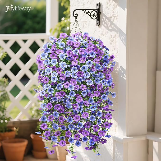 Artificial Hanging Flowers for Outdoors Spring Summer Decoration, 4PCS UV Resistant Silk Fake Hanging Plants for Patio Porch Front Yard Window Garden Indoor Decor(Blue&Purple,4PCS)