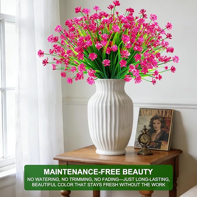 TURNMEON 20 Bundles Artificial Flowers for Outdoors Fake Plants Spring Decor, UV Resistant Artificial Plants Cemetery Flowers Faux Plastic Greenery Shrub for Home Porch Summer Decor 580 Heads(Magenta)