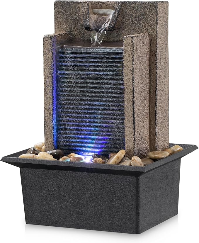 Amootek Tabletop Fountain Relaxing Tabletop Waterfall Fountain with Natural River Rocks & Color-Changing LED Lights - Indoor Zen Office/Home Decor Water Feature, 6.3"x 5.12"x 8.66"