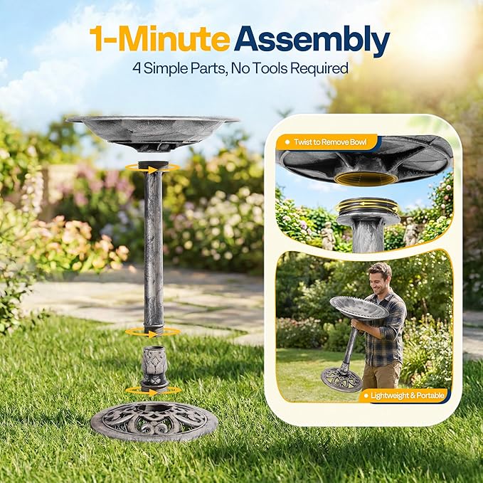 VIVOHOME Bird Bath for Outside, Polyresin Pedestal Bird Baths for Outdoor, Garden, 28 Inch Height Weather-Resistant Birdbaths with 20" Bowl, Gray