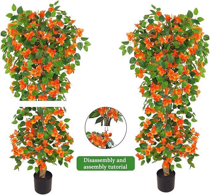 Artificial Bougainvillea Tree -5FT Faux Bougainvillea Tree with Realistic Flowers, Tall Fake Fall Flower Tree for Indoor or Outdoor Decor, Silk Floral Plant for Living Room, Porch, Garden (Orange)