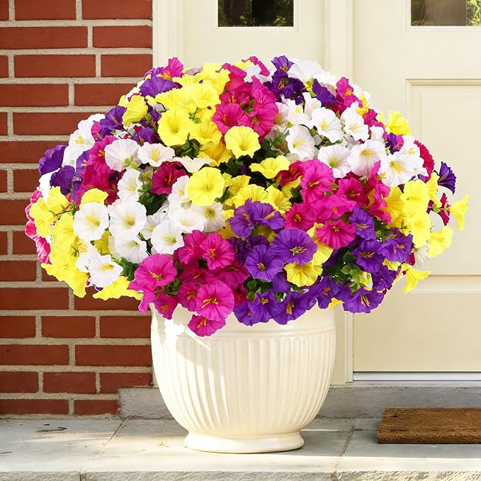 CEWOR 24 Bundles Artificial Flowers for Outdoor Indoor, Fake Silk Morning Glory with Eucalyptus Leaves, Faux Flower for Garden Front Door Porch Planter Patio Home Decor (Fuchsia Yellow White Purple)