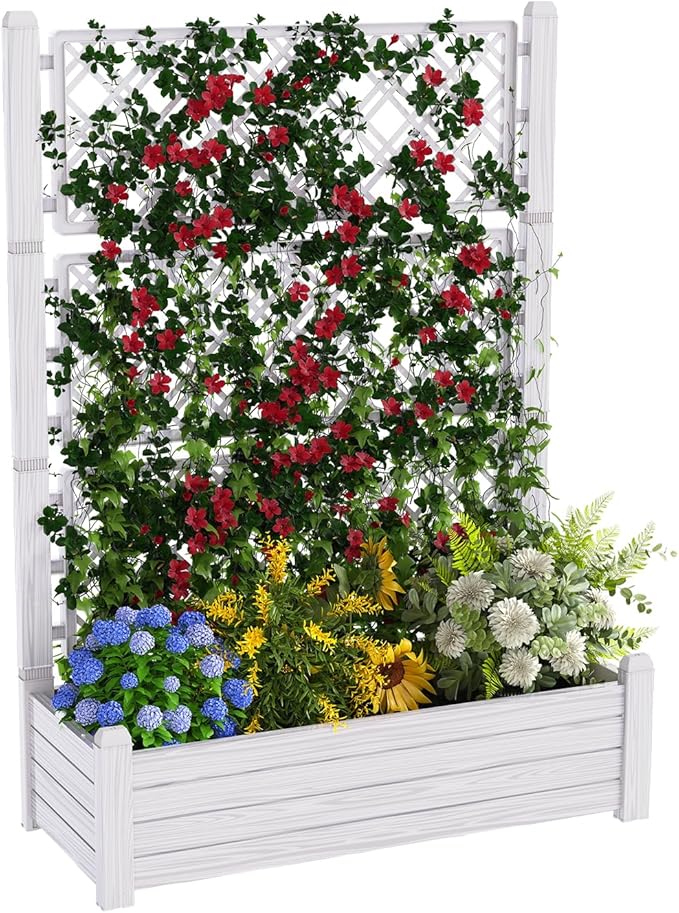 Elevated Raised Garden Bed with Trellis,Resin Planter Boxes Outdoor for Backyard Balcony,Large Patio Planter Box for Herbs Flowers Vegetables(Ashen)