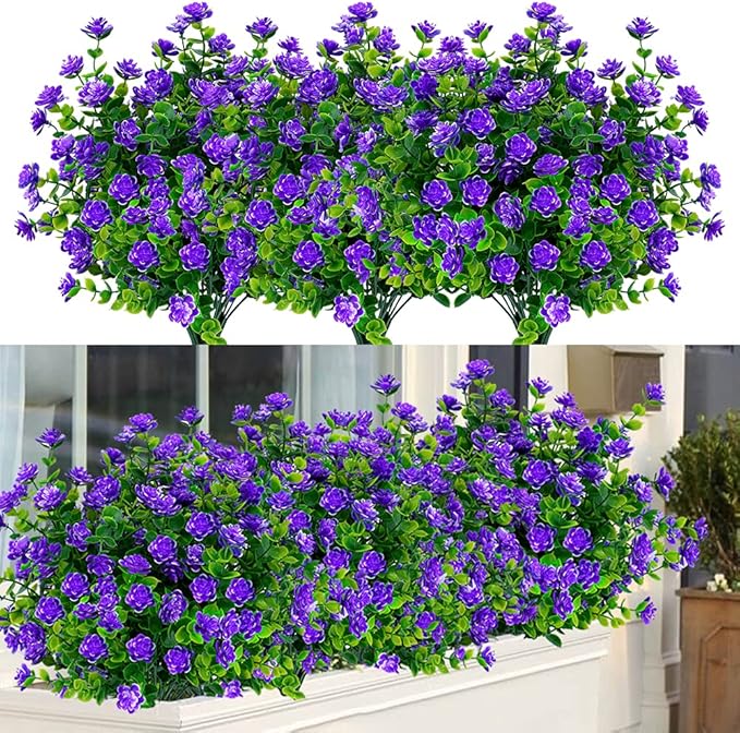 6 Bundles Outdoor Artificial Flowers UV Resistant Fake Boxwood Plants, Faux Plastic Greenery for Indoor Outside Hanging Plants Garden Porch Window Box Home Wedding Farmhouse Decor (Purple)