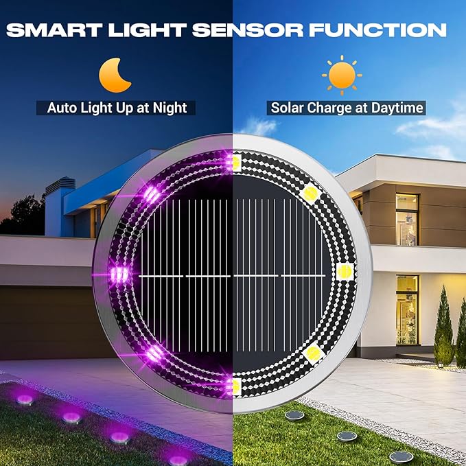 Peasur Solar Ground Lights Outdoor, 12 Pack Flat Solar Powered Disc Lights, IP68 Waterproof, Anti-Rust, Landscape Lighting for Pathway Garden Yard Lawn Walkway Landscape Driveway, Purple