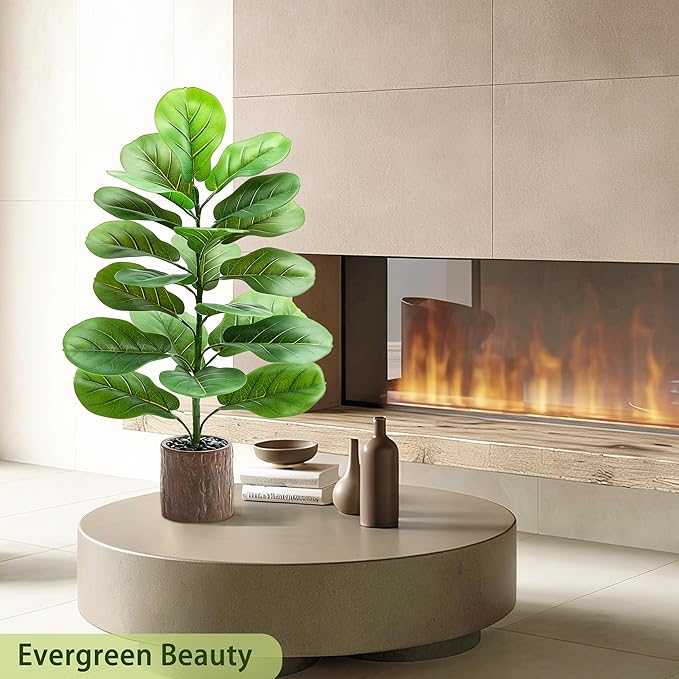 2 Pack Artificial Fiddle Leaf Fig Tree 30in, Faux Fig Trees Floor Plant in Pot Fake Ficus Lyrata Plant, Table Top Plant with Fiddle Leaves for Indoor Outdoor Home, Office, Living Room, Bathroom Decor
