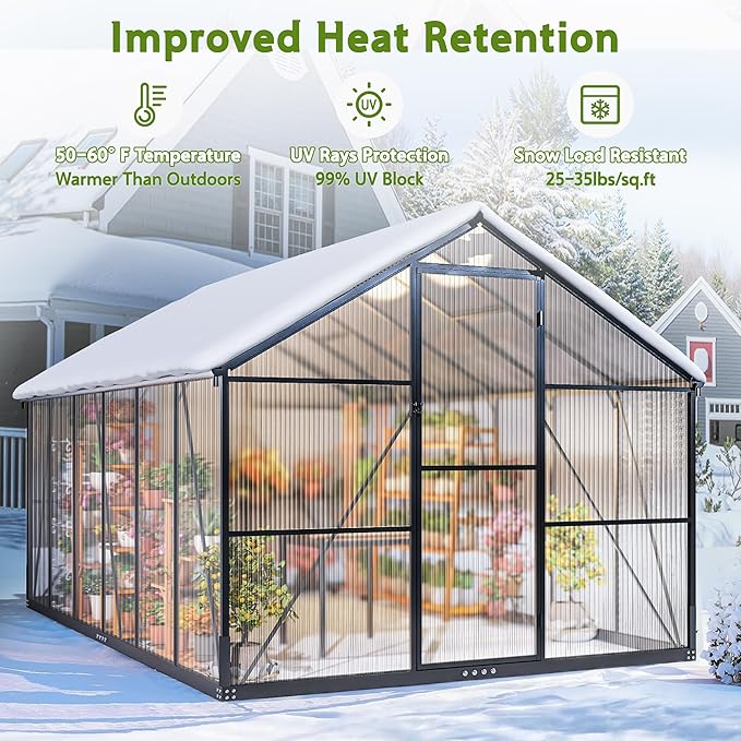 Wanan 8x12FT Greenhouses for Outdoors, Quick Assembly Green House with UV Protection, Heavy Duty Windproof Aluminum Frame, Adjustable Roof Vent for Backyard or Outdoor Garden Use
