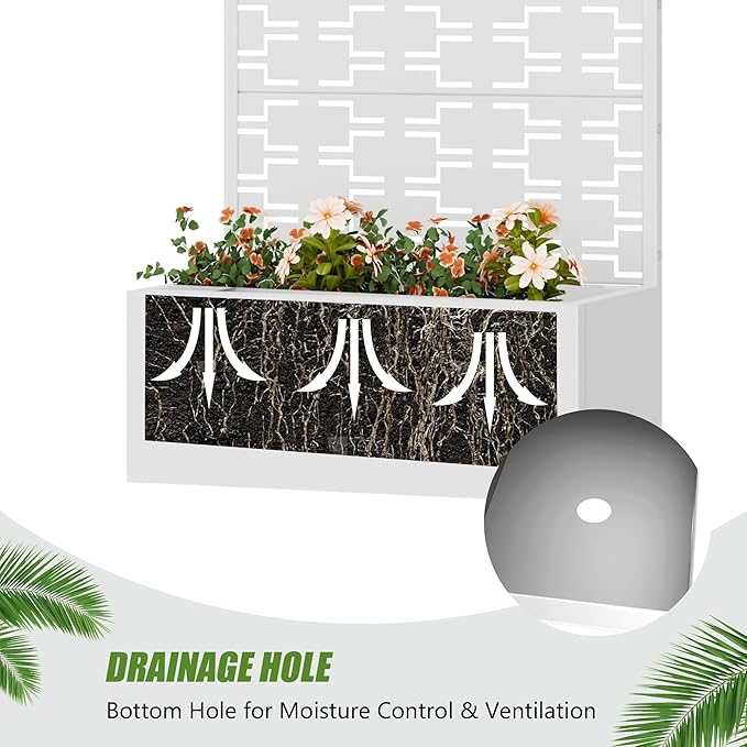 Casaphoria Metal Raised Garden Bed with Trellis, 59"x30"x12" Planter Box for Climbing Plants, Vegetables & Vines, Features Drainage Holes and Privacy Screen, White-Brick
