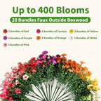 Artificial Outdoor Flowers, Realistic UV Resistant Waterproof Faux Plants, Full Looking Fake Flowers for Porch Planters Hanging Baskets Garden Patio Yard Outdoor Decor, 20 Bundles 7 Colors