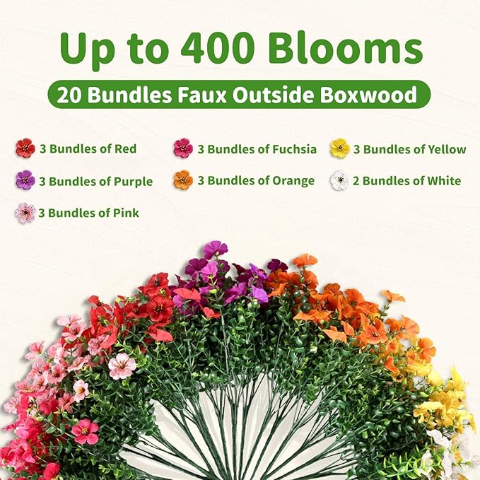 Artificial Outdoor Flowers, Realistic UV Resistant Waterproof Faux Plants, Full Looking Fake Flowers for Porch Planters Hanging Baskets Garden Patio Yard Outdoor Decor, 20 Bundles 7 Colors