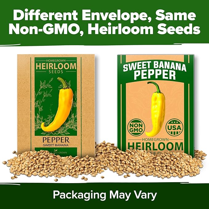 HOME GROWN Sweet Banana Pepper Seeds 188+ Heirloom Non-GMO Seeds for Planting, High Germination, Mild Yellow Sweet Peppers, Prolific Garden Crop, Perfect for Pickling & Salads (Capsicum annuum)