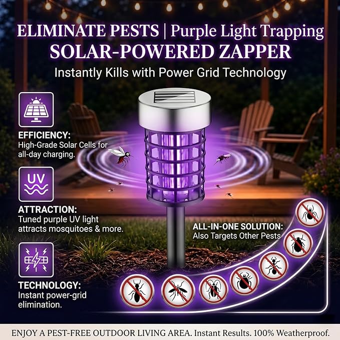4Pack Solar Bug Zapper Outdoor Mosquito Repellent Outdoor,Waterproof Mosquito Zapper for Outside,Mosquito Trap Used to Repel Gnat Small Flying Insect,Solar Fly Zapper for Garden Yard Patio