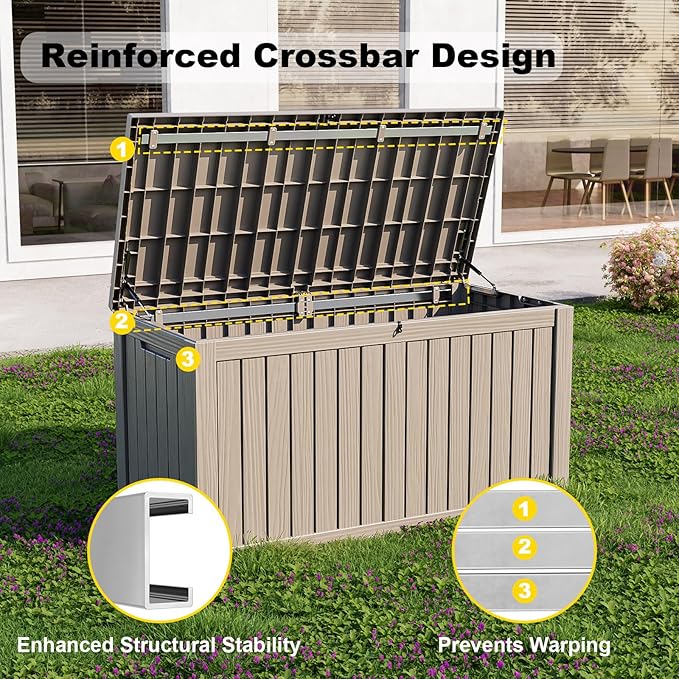 180Gallon Waterproof Outdoor Storage Box, UV Resistant Resin Deck Box with Hydraulic Rod for Reinforced Stability, Perfect for Patio, Garden, and Pool（Grey，180 Gallon）
