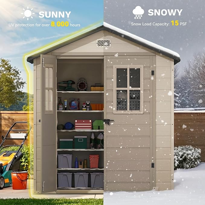 DWVO 6x4.4 FT Outdoor Storage Shed, Plastic Garden Tool Shed with 2 Windows, Double-Wall Outside Shed for Lawn Mower, Garden Shed for Backyard Patio, Lockable, Greige&Gray
