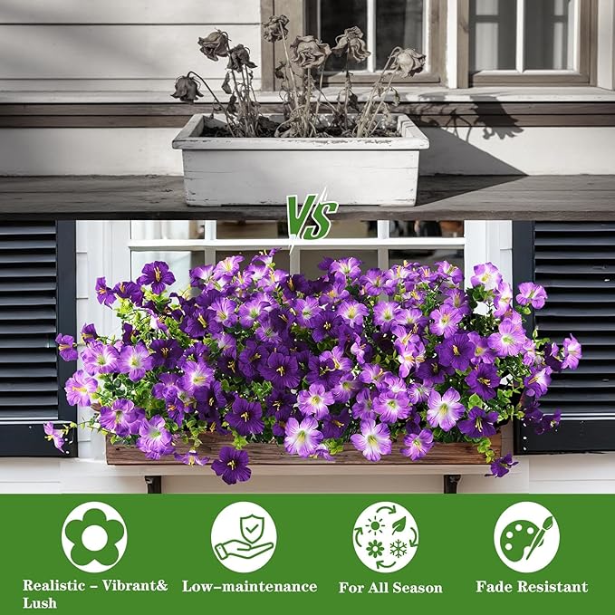 Artificial Flowers for Outdoors Fake Plants Spring Summer Decoration, 12 Bundles Faux Petunias UV Resistant Realistic Silk Flower for Outside Planters Patio Porch Yard Window Box (Double Purple)