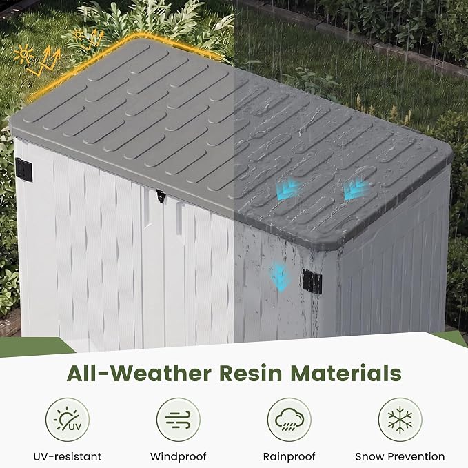 UDPATIO 34 Cu.Ft Resin Outdoor Storage Shed, Patio Plastic Vertical Sheds with Floor, Waterproof Bin Shed Horizontal Storage Cabinet for Patio, Backyards, Garden, Pool, Tool Shed
