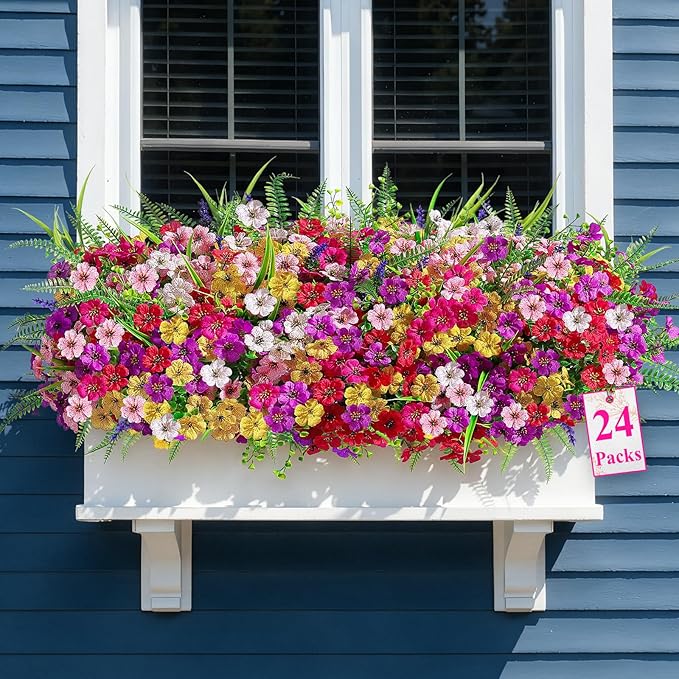 Alupssuc 24 Bundles Artificial Flowers for Outdoors Spring Decoration, UV Resistant Faux Eucalyptus Violet and Lavender Silk Fake Plants for Outside Indoor Decor, Red Rose Purple Yellow Pink White
