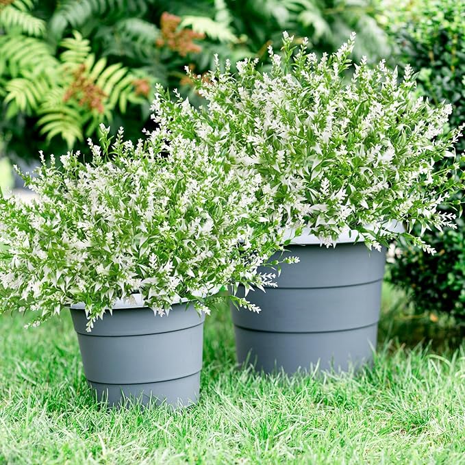 42 Pcs Fake Lavender Flowers Outdoor UV Resistant Faux Plastic Lavender Flowers No Fade Artificial Lavender Purple Plants for Outside Garden Porch Window Box Hanging Planter Decor (White)