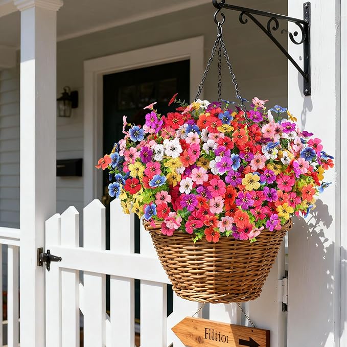 16 Bundles Artificial Flowers for Outdoors, Realistic Fake Silk Flowers for Outside, UV Resistant Faux Plants for Outdoor Planter, Hanging Basket - Porch Spring Easter Decor(8 Colors)