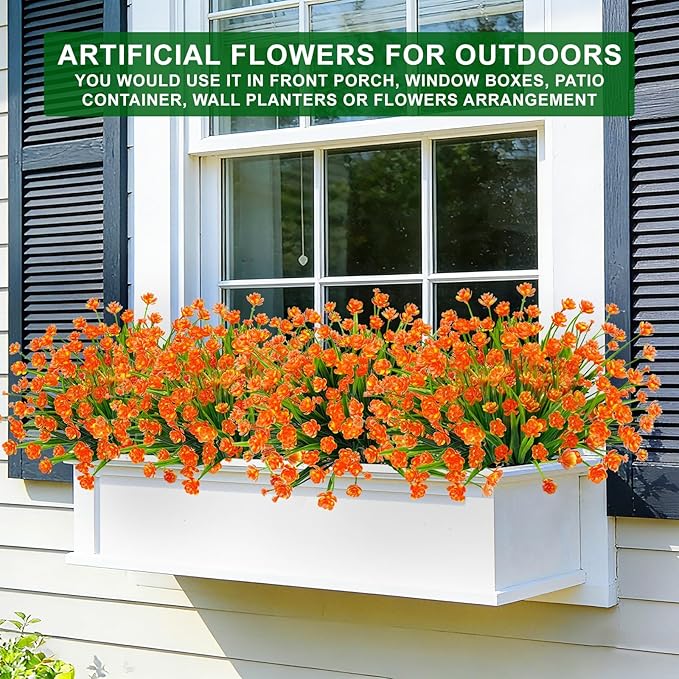 12 Bundles Artificial Flowers for Outdoors Spring Summer Decorations, UV Resistant Fake Mums Realistic Fake Plants Faux Plastic Flowers for Outdoor Indoor Home Gardens Porch Fall Decor(Orange Red)