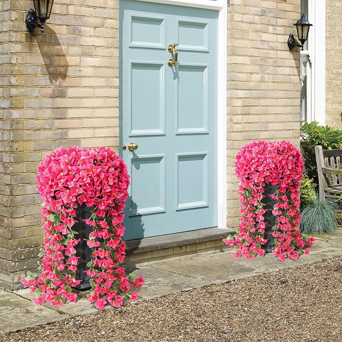 ATTGREAT Artificial Bougainvillea for Outdoors Faux Plants UV Resistant Flowers Fake Plastic Plants Realistic Silk Flowers for Porch Planter Garden Outside Hanging Decoration, 2Pcs (Rose Red)