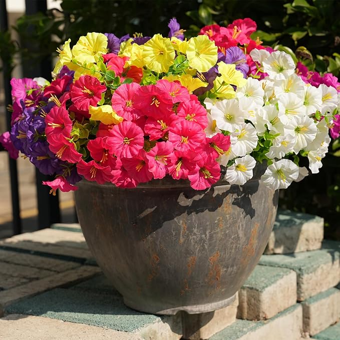 Fanfantoey 16 pcs Artificial Flowers for Outdoors, UV Resistant Fake Flowers Outside Decoration, Realistic Faux Silk Morning Glory Fake Plants for Planter Outside Decor (20, 5 Mixed)