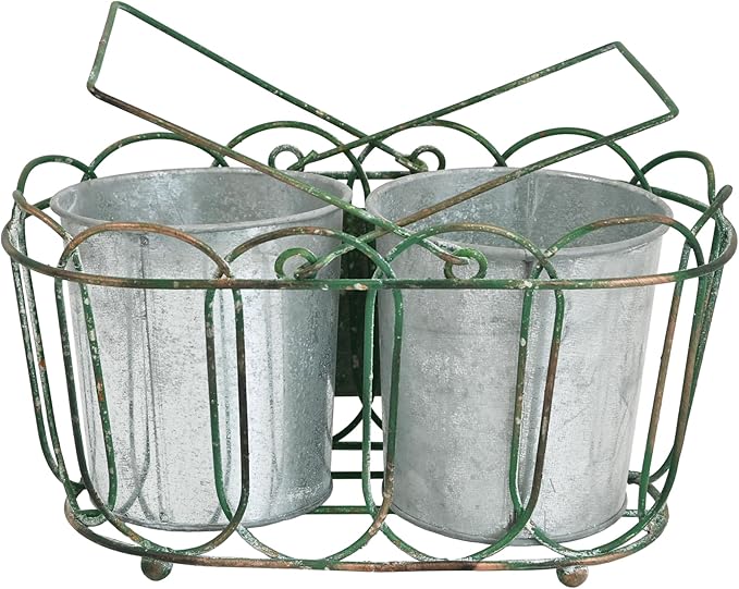 Vintage 2-Piece Metal Planter Set, Distressed Green Iron Wire Basket with Flowers Garden Sign, Rustic Farmhouse Plant Pots for Tabletop, Window Sill & Balcony Decor (Green)