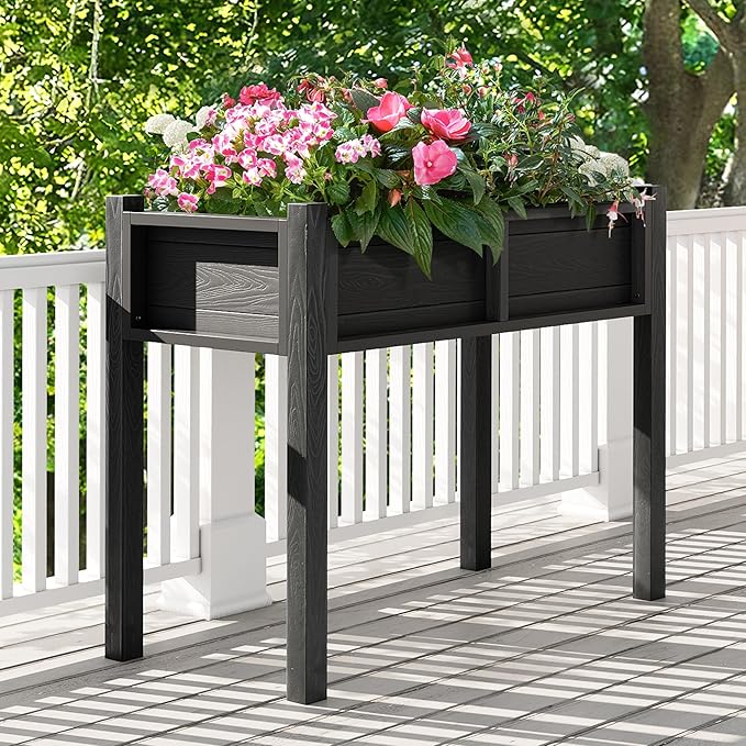 DWVO Raised Garden Bed HDPE with Legs Poly-Wood All-Weather Elevated Planter Box Outdoor with Drainage System Patio Planters for Herbs Vegetables Flowers Plant Bed for Garden Balcony, Black