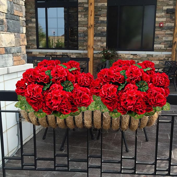 6 Bundles Artificial Geranium Flowers for Outdoors, Realistic Silk Geraniums Fake Flowers UV Resistant Faux Plants for Porch Front Door Planter Patio Balcony Outside Decor (Red)