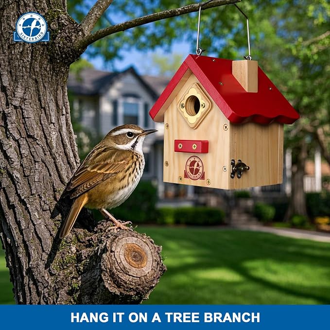 SISTERBIRD Wren Bird House, Premium Wooden Bird Houses for Outside, Classic Cabin Design Birdhouses for Outdoors, Hanging Bird House, Red-Breasted Nuthatch Wren Chickadee