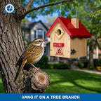 SISTERBIRD Wren Bird House, Premium Wooden Bird Houses for Outside, Classic Cabin Design Birdhouses for Outdoors, Hanging Bird House, Red-Breasted Nuthatch Wren Chickadee