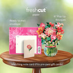 Freshcut Paper Pop Up Cards, Mini Dear Dahlia, 6 Inch Mini Sized Forever Flower Bouquet 3D Popup Greeting Cards, Birthday Card, Thank You Card, Blank Notecard & Envelope