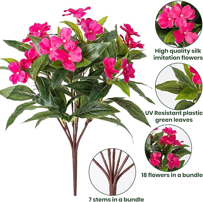 Nigirior Artificial Fake Flowers for Outdoor Décor 6 Bundles UV Resistant Fake Plants for Planter Faux Impatiens for Home Porch/Garden Stunning（Red/Rose Red/Purple）