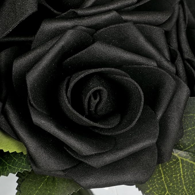 Hollyone Black Roses Artificial Flowers in Vase Silk Fake Rose Bouquet Flowers Floral Arrangements with Glass Vase with Faux Water for Home Bathroom Office Table Centerpiece Shelf Decorations