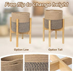 Plant Basket with Stand, Indoor Round Wicker Basket Plant with Bamboo Wood Stand, Decorative Woven Rope Flower Indoor Planter with Legs, Boho Bamboo Wood Planter Holder (Jute Black Stripes)