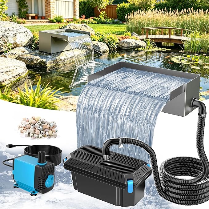 POPOSOAP 12INCH Stainless Steel Pond Waterfall Spillway with Multi-Stage Filter, 40W 660GPH Submersible Pump Kit with 9.8FT Tubing for Garden Ponds, Koi Ponds, Aquariums,Outdoor Landscapes-P7331