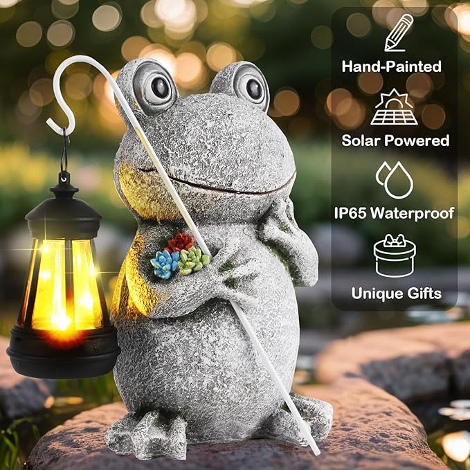 Frog Solar Garden Statues, Resin Frog Figurine Decorations, Outdoor Frog Decor Art for Lawn,Yard, Unique Housewarming Gift for Garden Home