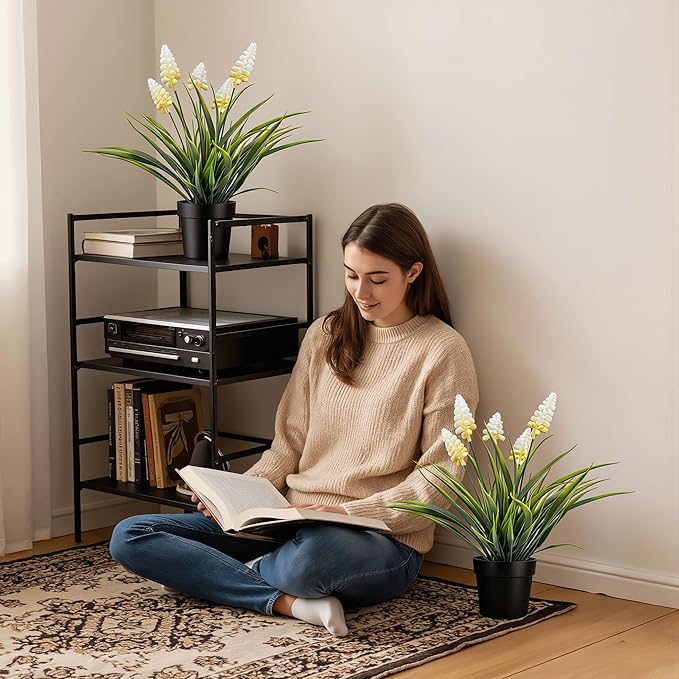MONOID 2 Pack Artificial Hyacinth Plants - Realistic Fake Muscari Flowers in Black Pots, Small Desktop Decor Set for Home Office Bathroom, No Water Needed, White